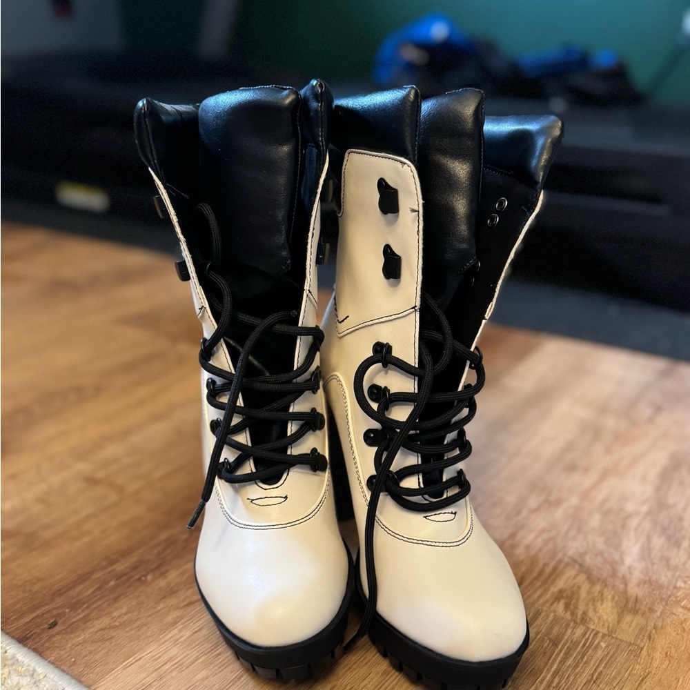 NWOB Guess Black and White Combat Moto Boots